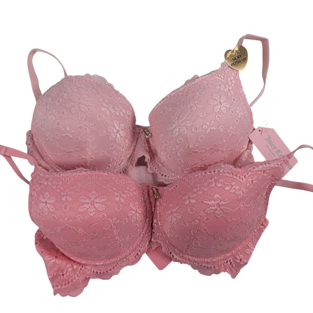 Juicy Couture 2Pk Pink Floral Lace Sexy Push Up Underwire Bra 36B NWT Y2K Girly